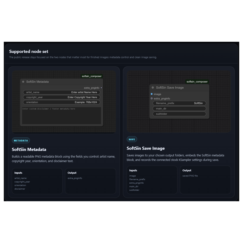 SoftSin ComfyUI node screenshots for metadata and image saving
