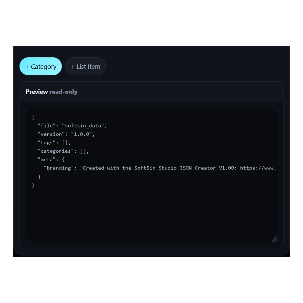 JSON Maker preview showing category controls and JSON output
