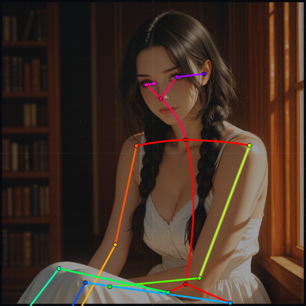 Pose Editor screenshot showing BODY_25 pose controls over a reference image