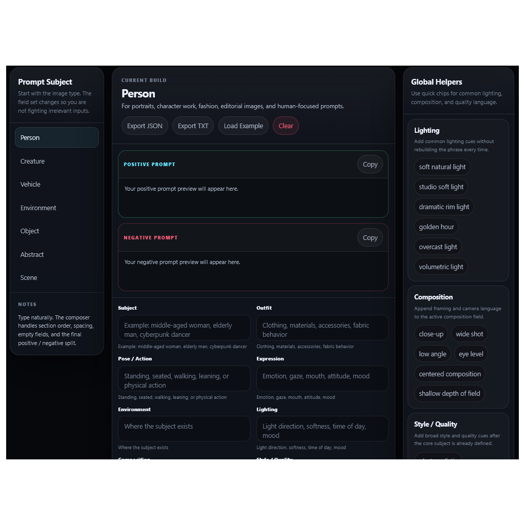 SD Prompt Composer interface showing structured prompt fields